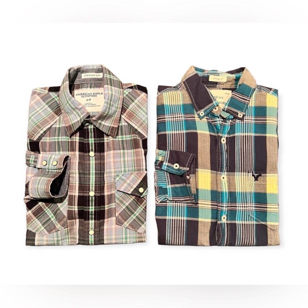 SOLD Lot of 2 American Eagle Outfitters Vintage Slim Plaid Button Down Shirts - Picture 1 of 16